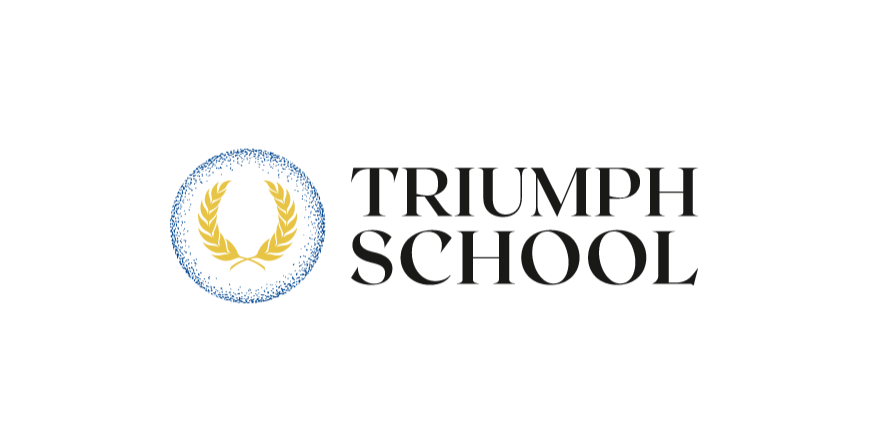Logo for Triumph School featuring a laurel reef with a black, blue and gold color scheme representing knowledge. located on homepage